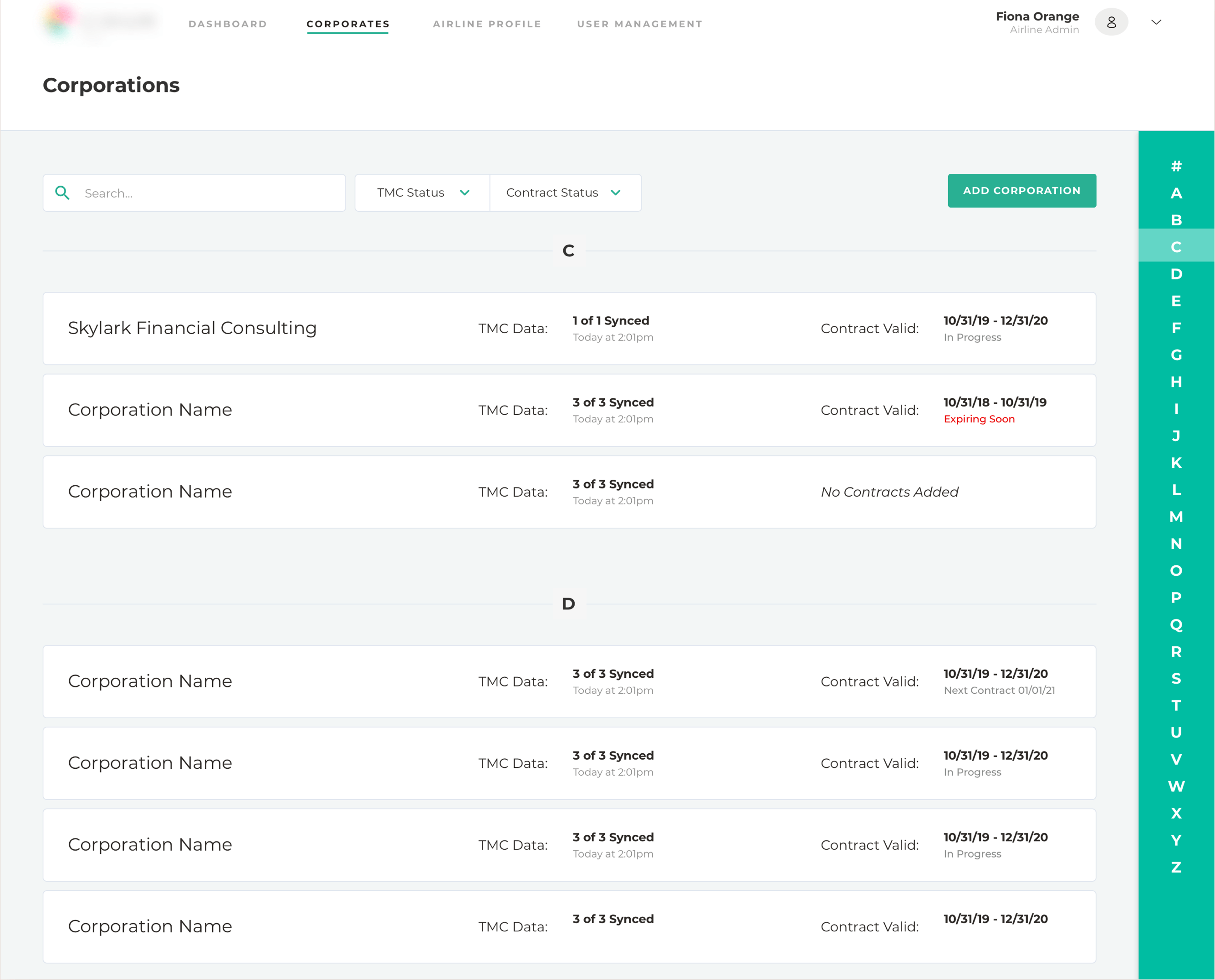 Corporations list screen