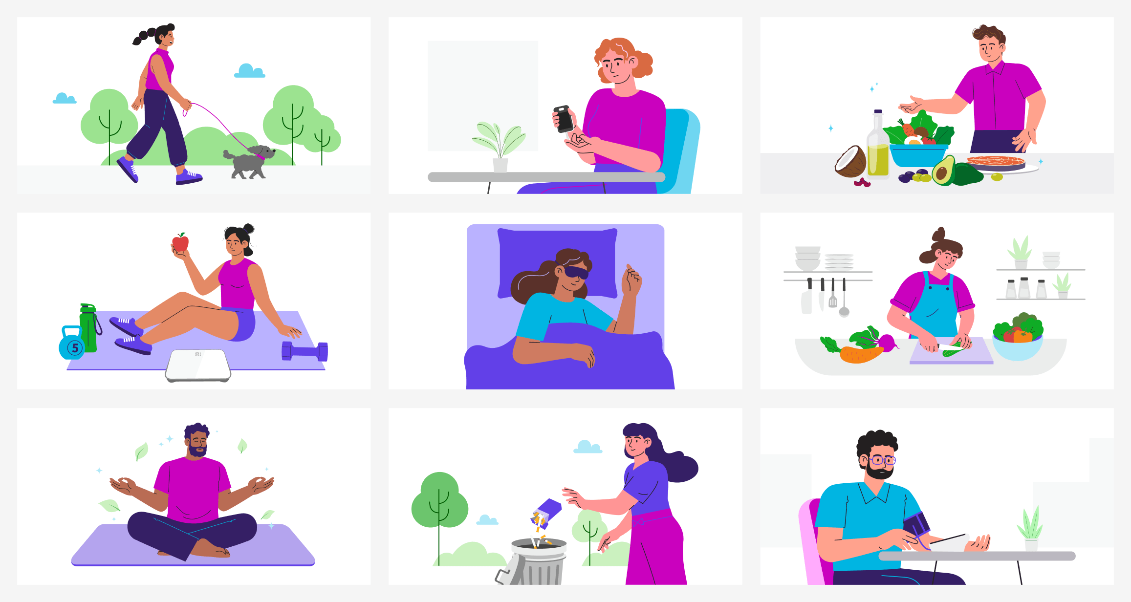 Custom illustrations for health pillars including physical activity, sleep, diet, and stress