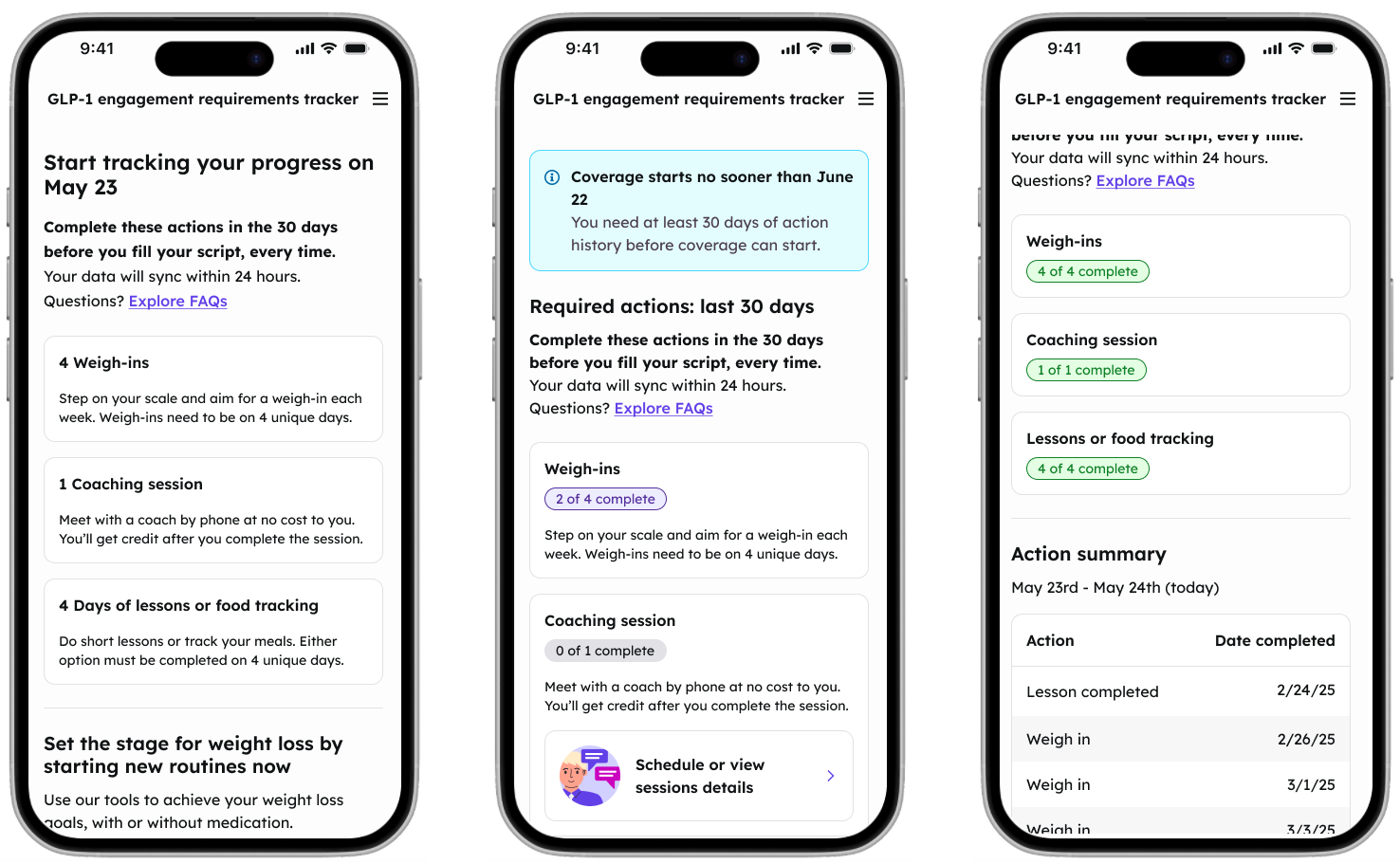 Engagement criteria tracker showing start state, progress tracking with completion status, and action summary with dates