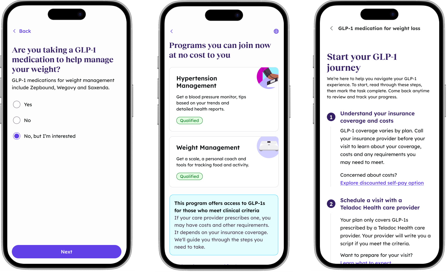 GLP-1 navigation and transparency improvements showing enrollment question, program eligibility messaging, and journey task list