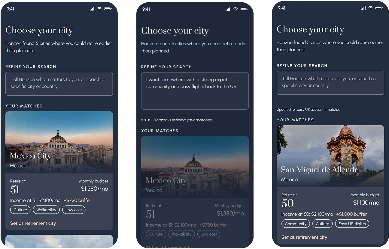 AI refinement interaction showing typing animation, loading state, and re-ranked city list